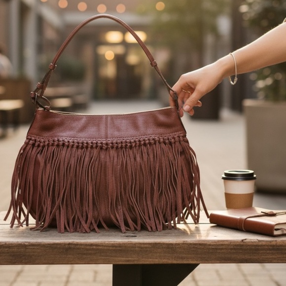OrYANY Boho Fringe Leather Hobo Bag Burgundy Brown Shoulder Purse - Picture 1 of 9